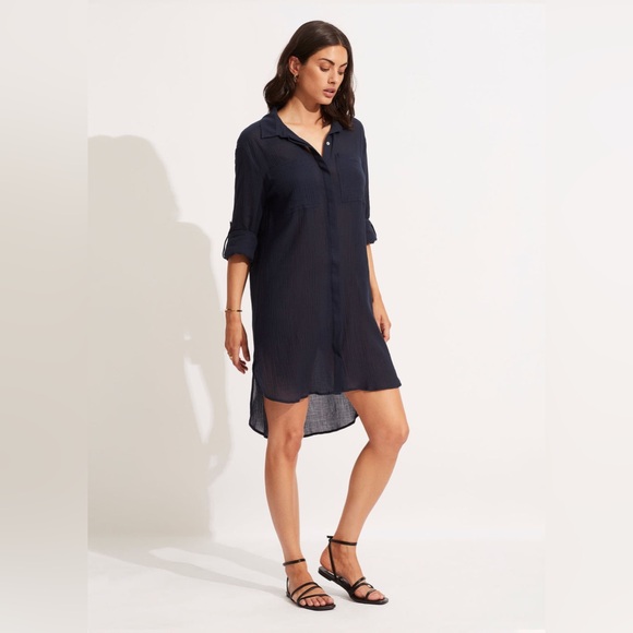 Seafolly Crinkle Twill Beach Shirt - indigo sz xs - Picture 5 of 10